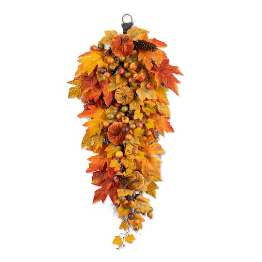 Glitzhome® 28" Fall Velvet Pumpkin, Pinecone & Berry Teardrop Swag | 14" x 4.75" x 28" | Michaels®